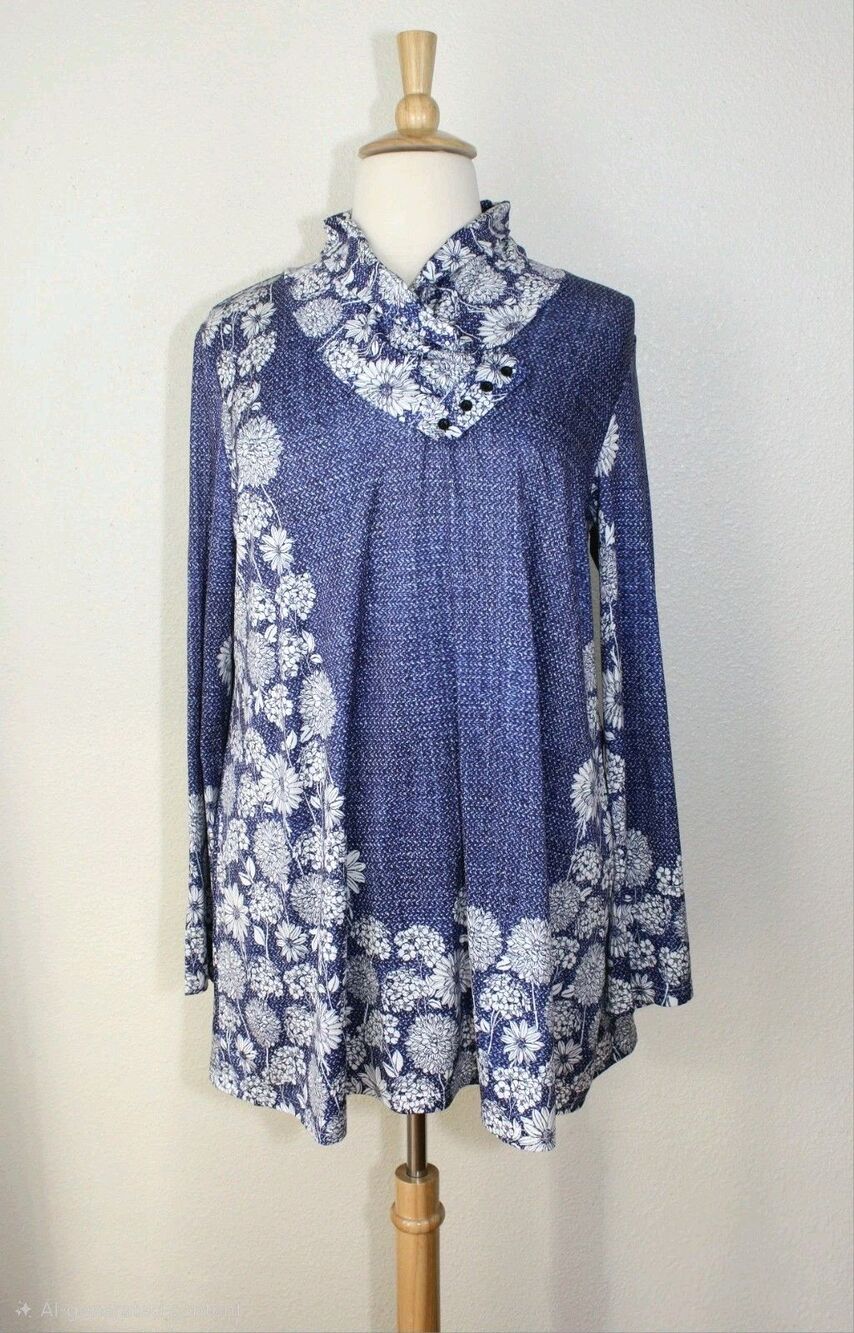 NWT Feminine AZALEA By FIRMIANA Tunic Top 1X Blue White Floral Draped Collar #03